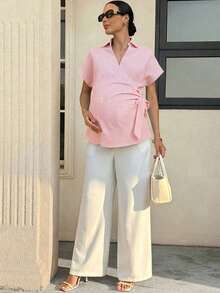 MaterniWear 孕妇条纹打结休闲百搭日常衬衫 - 淺粉色 - 查看 4