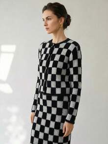 Uhlyne 2 件套女士复古风格圆领长袖针织格子撞色金属纽扣毛衣套装，春秋 - 黑與白 - 查看 2