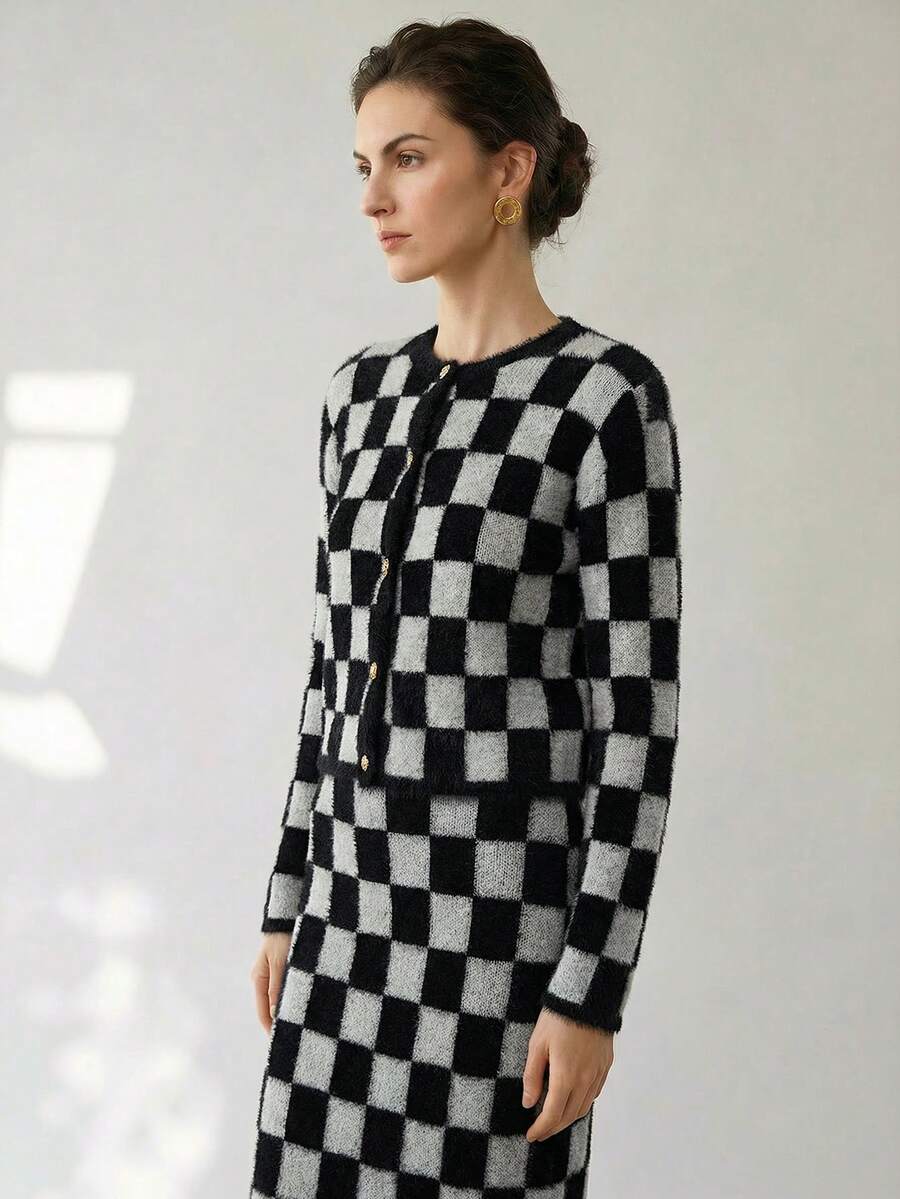 Uhlyne 2 件套女士复古风格圆领长袖针织格子撞色金属纽扣毛衣套装，春秋