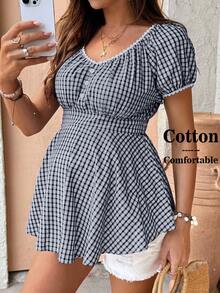 SHEIN Camisa de maternidad a cuadros con pliegues, versátil y casual para uso diario - Azul - Ver 7