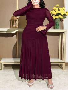 Feyla Plus Size Women Solid Color Round Neck Ruffle Mesh Long Sleeve Elegant Dress - Purple - View 10