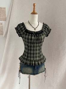 Attitoon Áo kiểu trễ vai màu nâu cà phê kẻ caro viền bèo nhún, áo nữ dễ thương - Màu xanh lá cây đậm - Xem 8