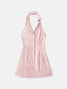 lacRébo Pink Vintage Mini Dress With Lapel Collar And Open Back Spring Summer Vacation French Style Parisian Style Office Outfits Vintage Dress - Pink - View 6