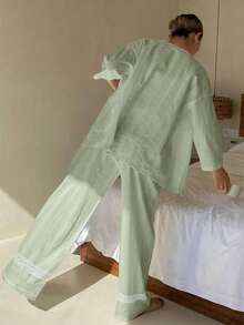 DAZY Bộ đồ ngủ nữ 3 món kiểu dáng nghỉ dưỡng, chất liệu vải chấm bi, thích hợp cho mùa xuân và mùa hè. - màu xanh lá - Xem 2