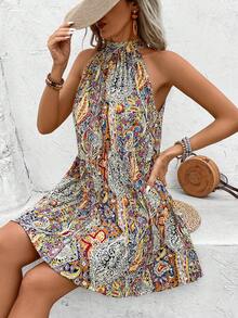 Breezaya Women's White And Blue Floral Summer Boho Vacation Holiday Dress,Halter Pleated Full Printed Beach Outfits,Boho Chic Resort Wear Casual Dresses - Multicolor - View 3