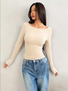 INAWLY Women's Solid Color Backless Boat Neck Long Sleeve T-Shirt - Apricot - View 3