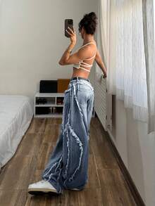 StreetHx Damen Casual Alltags Jeans mit Taschen und ausgefranstem Saum - Blau - Übersicht 3