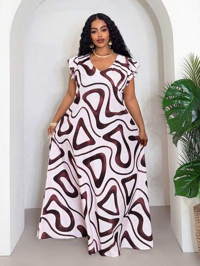 Veslaya 2026春夏大码女装音乐节、复活节、生日派对、毕业典礼、学院风、学生装、日常休闲、度假、邮轮旅行、海滩、日光浴、热门单品、街头风、婚礼宾客、通勤、早午餐、机场、派对、假日郊游、优雅宴会、舞会、休闲、高档夜店聚会V领印花荷叶袖宽松A字长裙