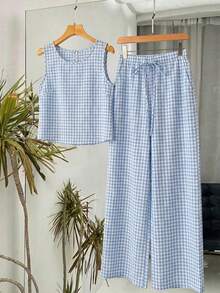 Rusticease Women's Plaid Round Neck Top And Drawstring Waist Wide Leg Pants Casual 2 Pieces Set Women Vacation Outfit Sets Women Summer Outfits 2 Piece Women S Summer Co Ord Women 2 Piece Outfit Casual - Blue and White - View 6