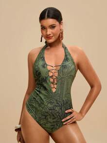 Travachic Áo tắm liền thân cỡ lớn dành cho nữ, in họa tiết cây nhiệt đới màu xanh lá cây, thiết kế cổ yếm buộc dây phía trước và khoét lỗ. - màu xanh lá - Xem 3