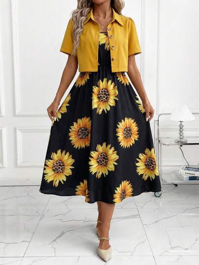 SHEIN Clasi Conjunto de 2 piezas elegante y de moda para mujer, incluye una cómoda camisa de manga corta de verano y un vestido de tirantes finos, ropa casual de oficina, adecuado para la temporada de regreso a la escuela de las mujeres, conjunto de 2 piezas de verano, conjunto de 2 piezas, ropa de verano de 2 piezas, traje de vestir para mujer