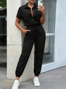 EMERY ROSE Women's Elegant Button Decor Pocket Loose Top & High Waisted Slim Fit Jumpsuit, Spring/Summer - Black - View 3