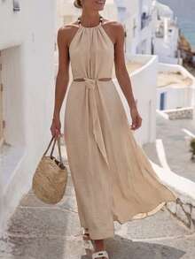 SHEIN LUNE Women's Apricot Summer Casual Beach Holiday Vacation Dress,Beaded Necklace Decor Sleeveless Gathered Waist Hollow Back Slit Midi Bohemian Formal Wear - Apricot - View 1