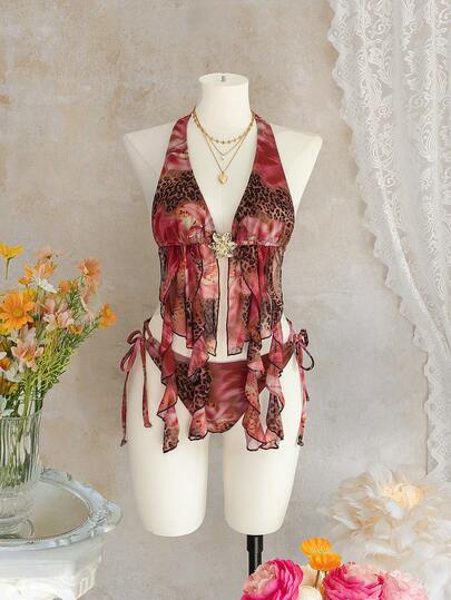 Bellisia Bộ đồ đi biển thời trang mới nhất dành cho nữ, phối họa tiết da báo và hoa, áo hai dây xếp ly lãng mạn và bộ đồ bơi, thích hợp cho mùa xuân/hè, đi biển, kỳ nghỉ, ngày Valentine.