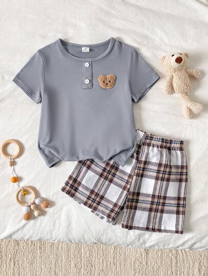 Young BoyRound Neck Short Sleeve Top And Plaid Shorts Pajama Set, Cute Bear Pattern, Soft & Comfortable, Great Gift For Toddler Boys