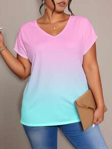 大码休闲渐变字母印花V领短袖T恤，夏季 - 彩色 - 查看 6