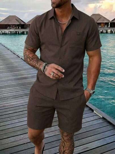 VENTUSAIL Men's Mature Casual Double Pocket Design Double-Sided Linen Fabric Short Sleeve Shirt & Shorts Set