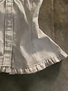 Glimmora Women's Fitted Ruffle Hem Striped Button Design Blouse - Black and White - View 4