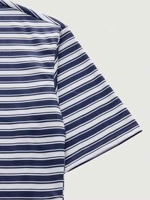 Courvante Camisa polo de manga corta casual y versátil con rayas y estampado de letras para hombres - Multicolor - Ver 4