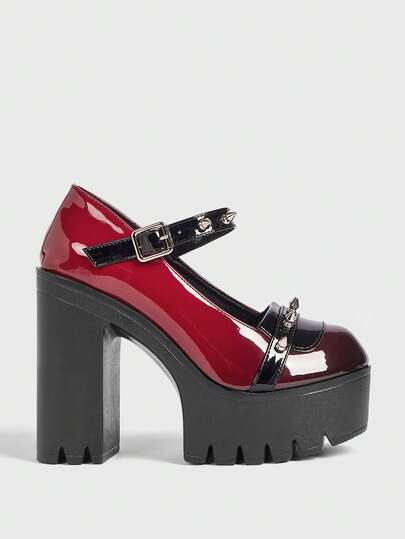 Sugerpunk Women's Sexy Platform Chunky Heeled Shoes, Fashionable Solid Color Shoes For Spring And Autumn With Buckle Strap, Pointed Toe, Rivet Decoration Buckle Buckle, Adjustable Buckle Ankle Strap, High-Heeled Mary Jane Shoes For Holidays, Parties, Dates, Etc. 2000s Style