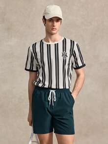 Courvante 男士竖条纹圆领字母印花休闲百搭通勤短袖T恤 - 黑色 - 查看 8