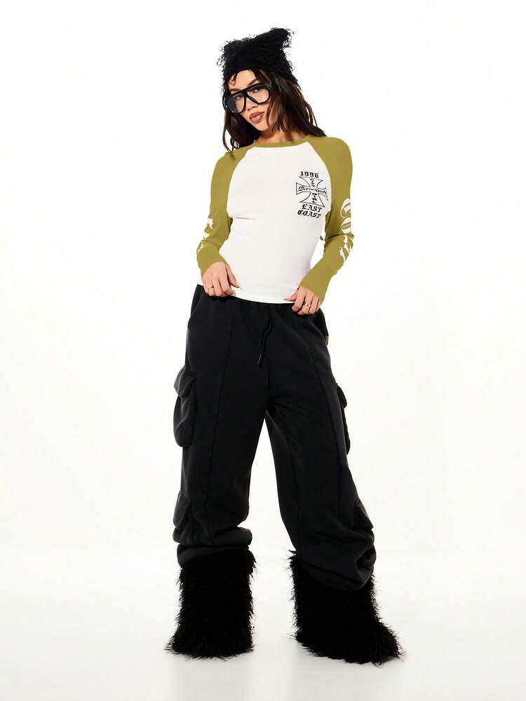 SUMWON WOMEN Women Raglan Sleeve Graphic Long Sleeve Top With East Coast Print And Contrast Sleeves