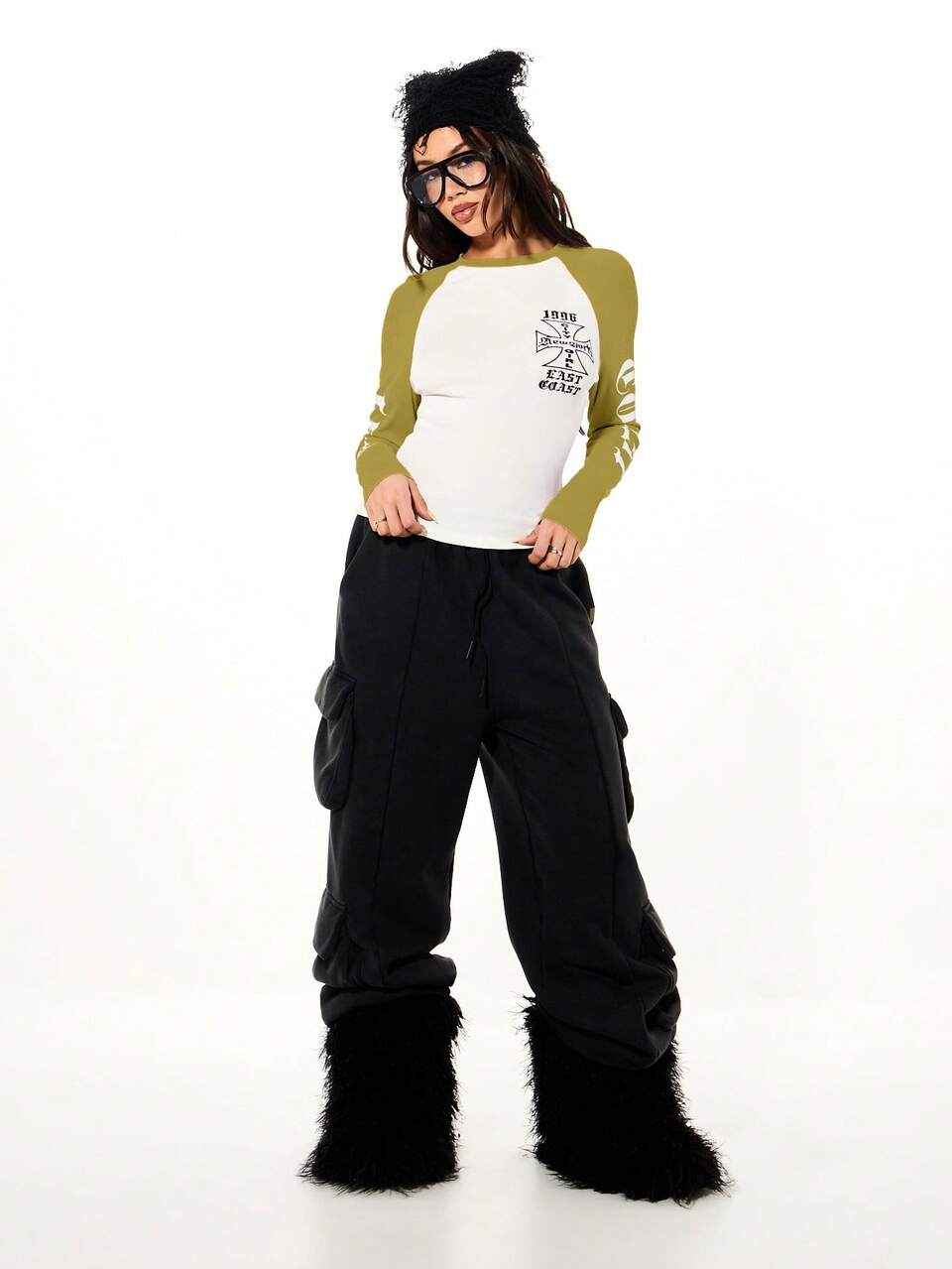SUMWON Women Raglan Sleeve Graphic Long Sleeve Top With East Coast Print And Contrast Sleeves