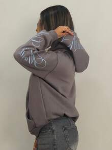 Rayane Ketlyn Áo nỉ dệt kim màu xám tro với thêu chữ, áo nỉ dài tay kiểu dáng thường ngày, áo nỉ in hình dành cho nữ, áo nỉ nữ phong cách Y2K, áo nỉ tùy chỉnh màu xám. - Màu xám đen - Xem 4