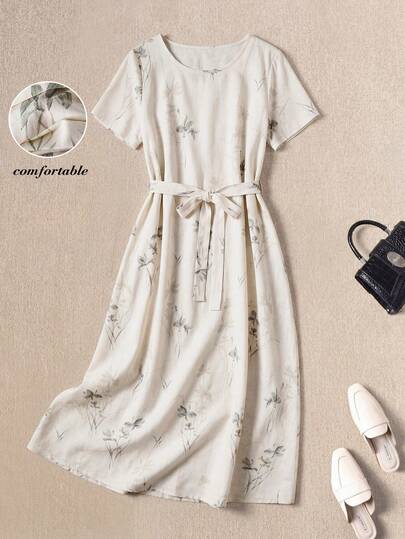 Rusticease Women's Floral Print Belted Elegant Round Neck Short Sleeve Dress Summer Dresses For Women Spring Dresses Festival Dresses Mothers Day Outfit Elegant Party Dresses For Women Party  Casual Dresses For Women Vacation Outfits Women White Dresses For Women