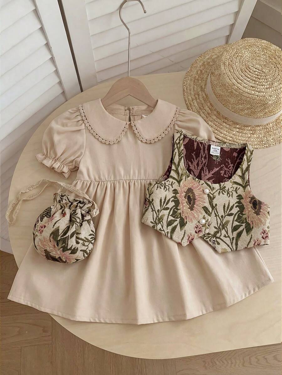 SHEIN طقم فستان قصير الأكمام مع ياقة بيتر بان وسترة بطراز زهري قديم للبنات الصغار - لون مشمشي - مشاهدة 1