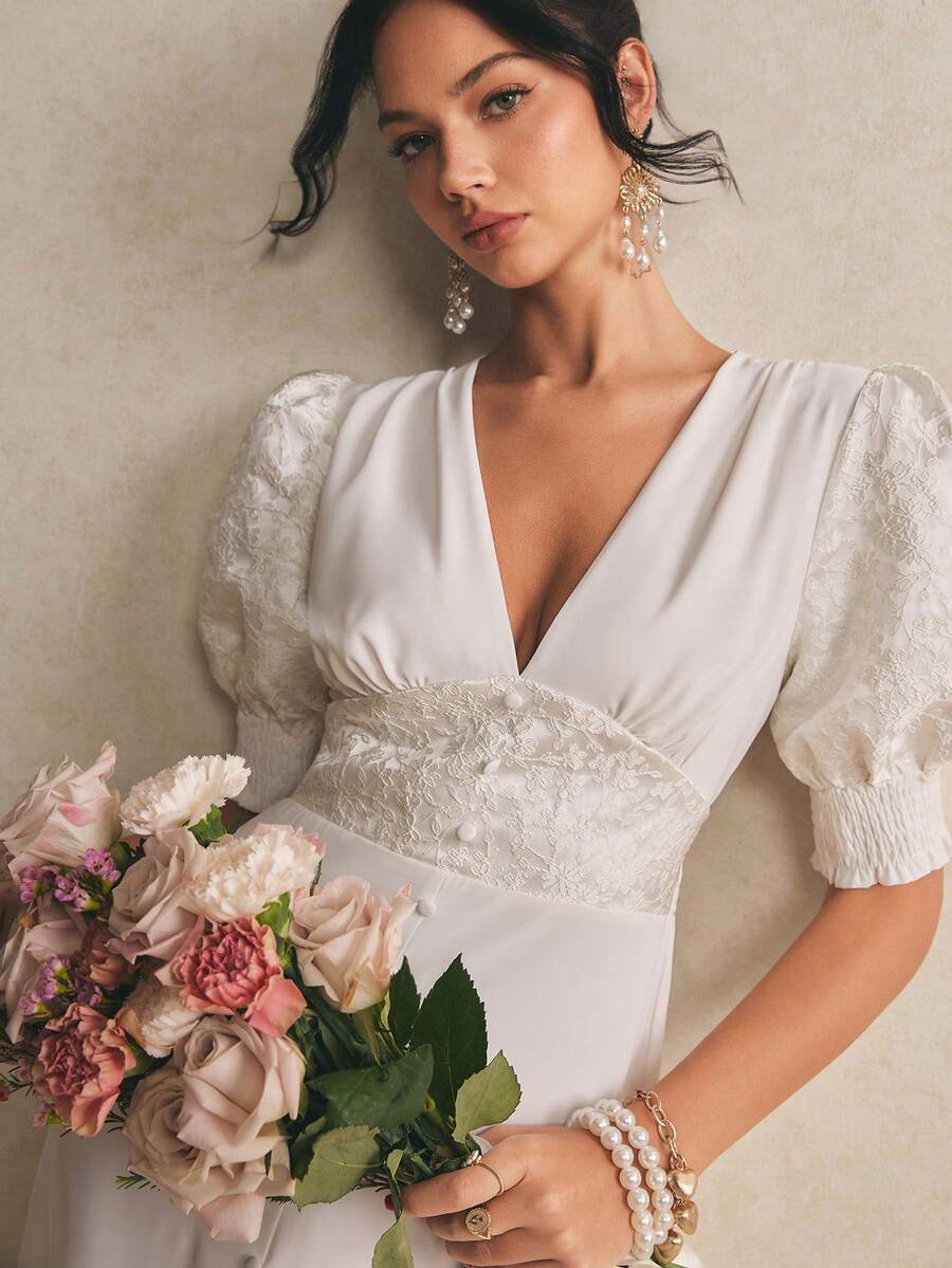 Poéselle 提花面料拼接纽扣装饰女士长裙 - 白色 - 查看 1