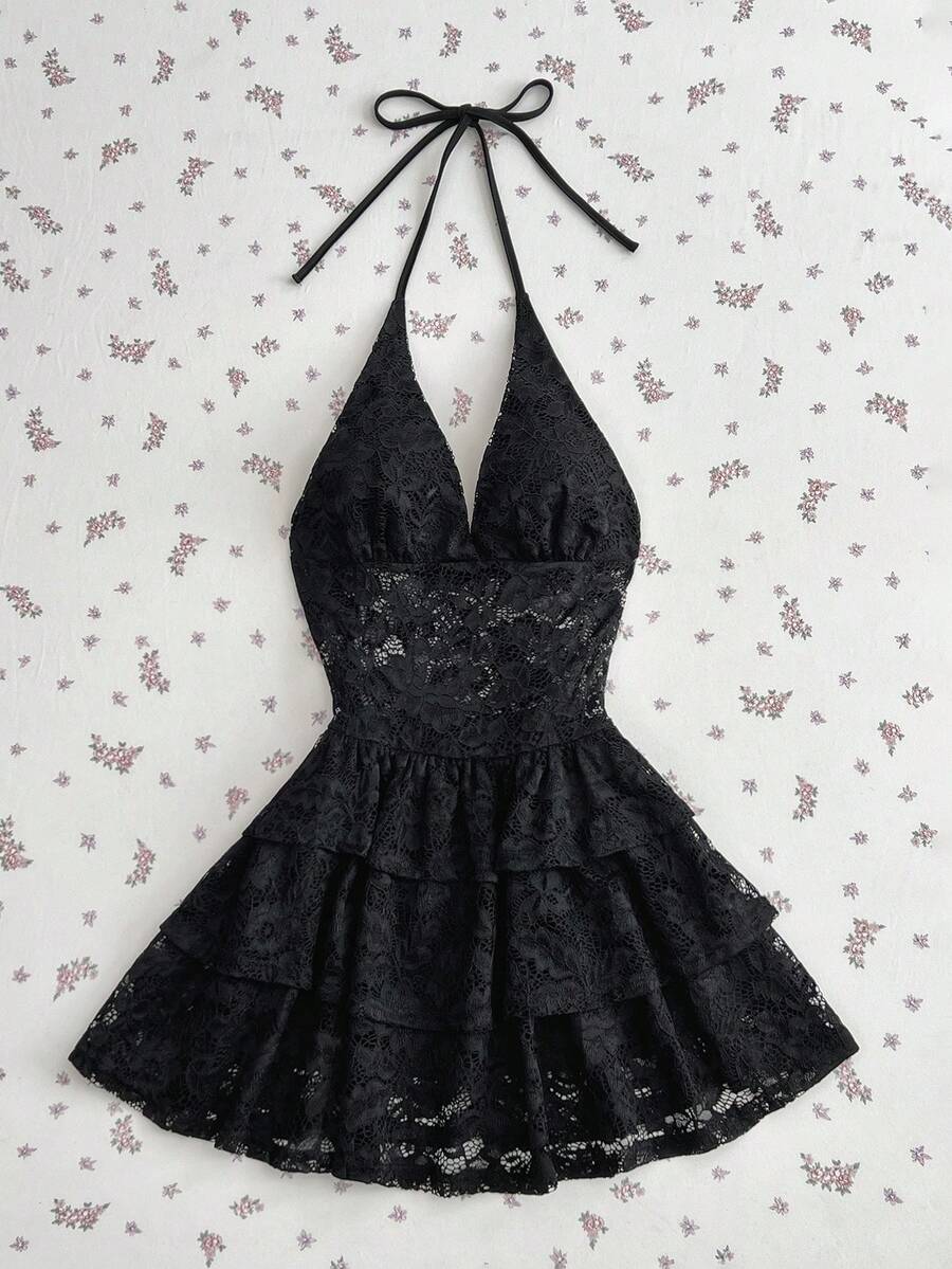 Elamini Women's Casual Vacation Sexy Lace Sheer V-Neck Halter Tie Strap Mini Dress, Summer Black Lace Dress Ruffle Hem Dress Party Dress - Black - View 1