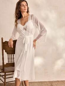 Charlaine Elegant Satin Lace Maxi Robe Nightgown Set For Women - White - View 2