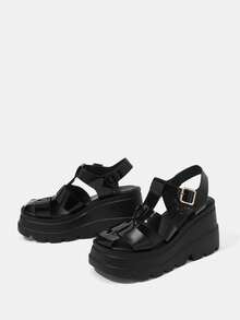 HighSole Woman Shoes Wedge Heel And Thick Sole Closed-Toe Sandals For Spring And Summer Vacation Shoes Summer Halloween Spring Shoes Spring Break Easter - Black - View 2