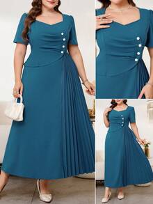 Reflora 大码优雅褶裥拼接中长连衣裙 - 藍色 - 查看 3