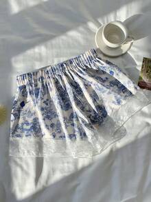 Comfortcana 花卉印花蕾丝边系带短裤，女神度假风 - 藍色 - 查看 2