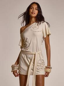 MUSERA Off The Shoulder Embellished Shell Button Swirl Tie Waist Mini Dress Cute Summer Spring Sexy Going Out Beach Holiday Vacation Honey Tides - Light Grey - View 2