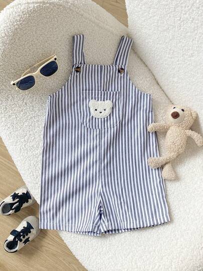 Playful Pals Infant Boys' Casual Cute Bear Embroidery Black & White Striped Bib Shorts Romper, Comfortable Versatile Basic Style Suitable For Spring/Summer, Indoor, Outdoor, Skiing, Daily Wear, Sports, Play, Party