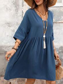 Breezaya 女士高开衩牛仔连衣裙 - 藍色 - 查看 4