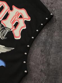 ROMWE MEN Street Life Men's Rivet Decor Print Loose Fit Tank Top - Black - View 6