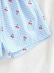 SHEIN Vintaside Kids Adorable Young Girls Fitted Blue Checkered Cherry Embroidered Camisole Top And Shorts Outfit - Blue - View 7