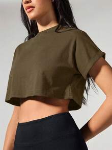 Fluxe Solid Color Knit Round Neck Short Sleeve Loose Cropped Casual Women T-Shirt,Summer Top - Mocha Brown - View 11