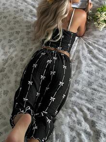CottageSlumber Cartoon Bow Print Contrast Lace Design Comfortable Camisole & Pants Women Pajama Set - Black - View 6