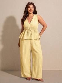 Elaquor Plus Size Casual Vacation Striped Sleeveless A-Line Shirt And Straight Leg Casual Pants 2 Pieces Set - Yellow - View 4