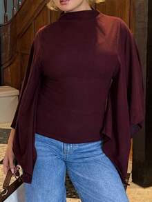 Bethéva Blusa feminina casual de cor sólida com gola mandarim e mangas morcego. - Vermelho Acastanhado - Ver 3