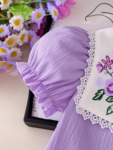 Genkimix Kids 少女休闲时尚学院风白色蕾丝领针织短袖上衣搭配梭织绉纱面料两件套，青春可爱紫色假日套装 - 紫色 - 查看 5