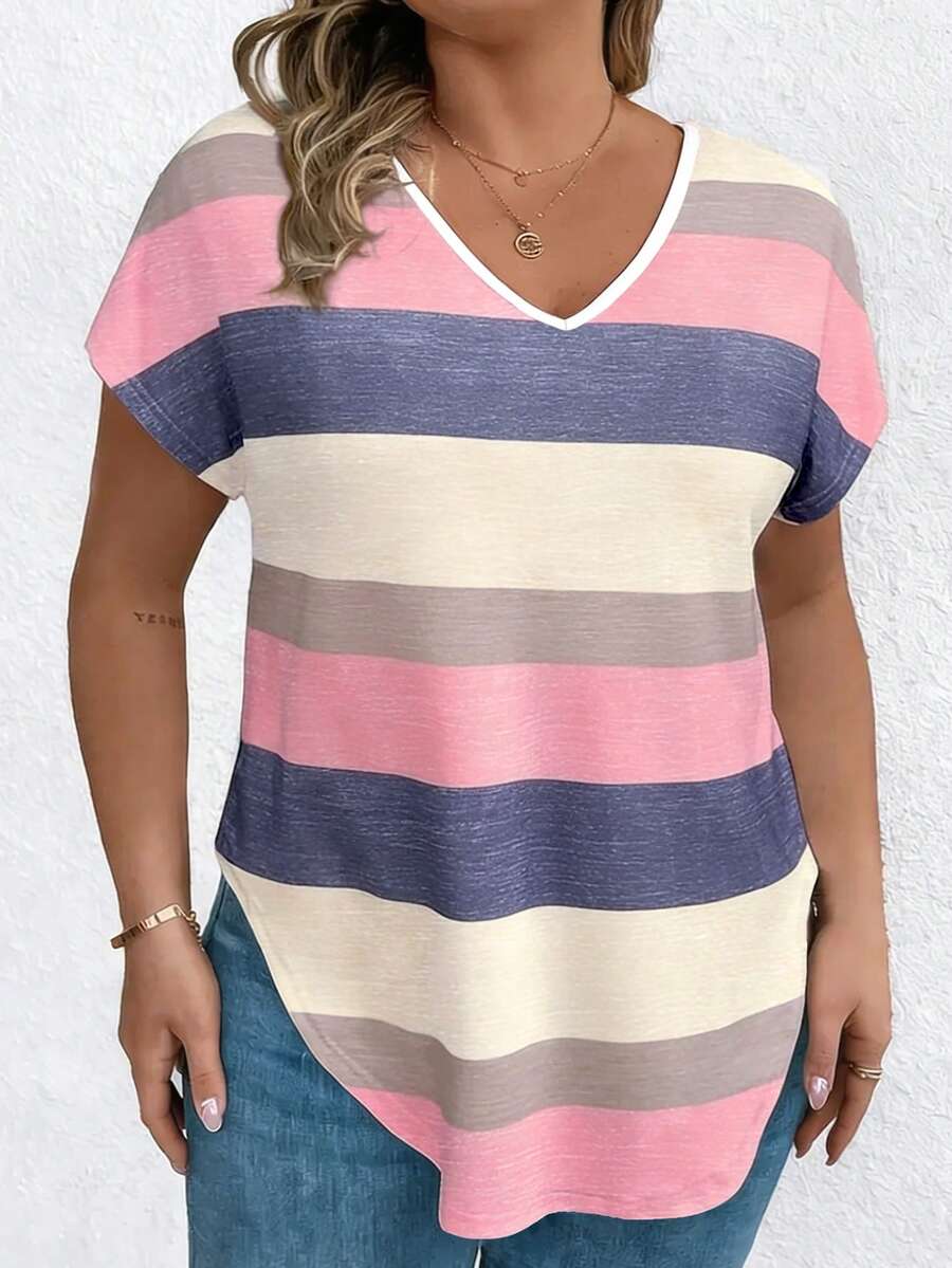 EMERY ROSE Holiday Leisure Color-Block Striped Pattern Women's T-Shirt - Multicolor - View 1