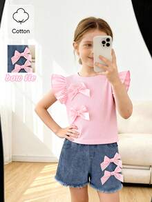 SHEIN Playful Pals 2pcs/Set Young Girls Summer Casual Outfit,Light Pink Ribbed Sleeveless T-Shirt With 3D Ribbon Bow Decor & Blue Denim Shorts,School Cute Clothes Set - Pink - View 3