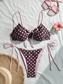 Swim Mod Spring/Summer Digital Print Underwire Push-Up Cami Top And Side Tie Swim Bottoms Women Cute Bikini Set Polka Dot Bikini Bikini Sets - Multicolor - View 3