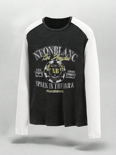 NEON BLANC Camiseta de manga larga de cuello redondo con estampado de color contrastante para hombre